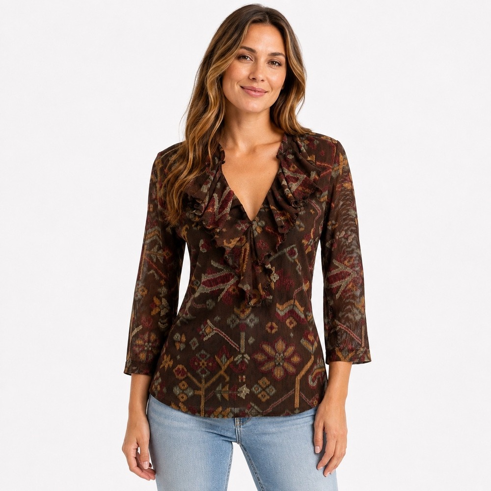 Chaps Mesh Top Medium Brown Multi Ikat Ruffle V-Neck 3/4 Sleeve Boho Westen
